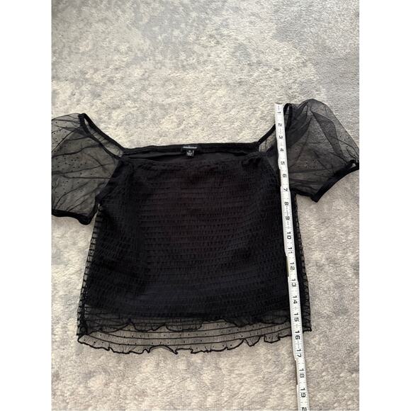 Y2K Black Smocked Top Swiss Dot Sheer Mesh Overlay Puff Sleeve Goth Fairy M - Picture 7 of 9